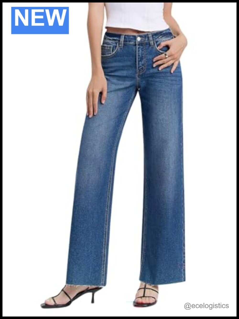 High Rise Wide Leg Raw Hem Comfort Stretch Denim Jeans 5 Pocket